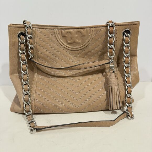 Tory Burch Taupe Distressed Leather Fleming Tote / leather shoulder bag - Picture 3 of 16